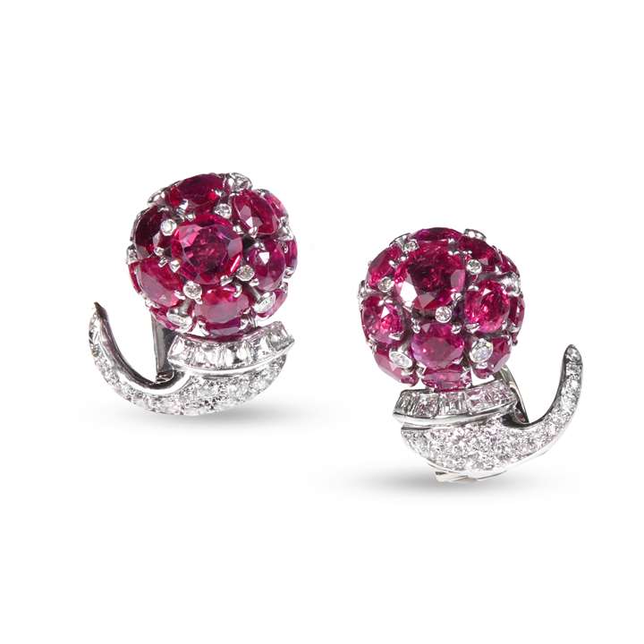 Pair of ruby and diamond bombe comet earrings